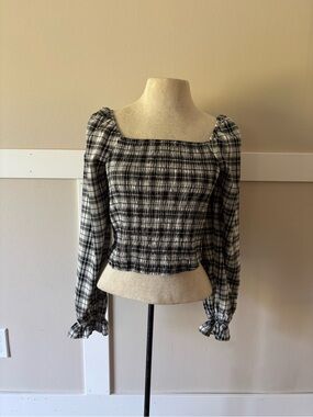 Altar'd State Black & White Plaid Smocked Square-Neck Top